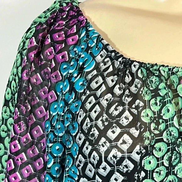 MOSSIMO sheer midi dress colorful green blue print puff sleeve size XS - Picture 6 of 11